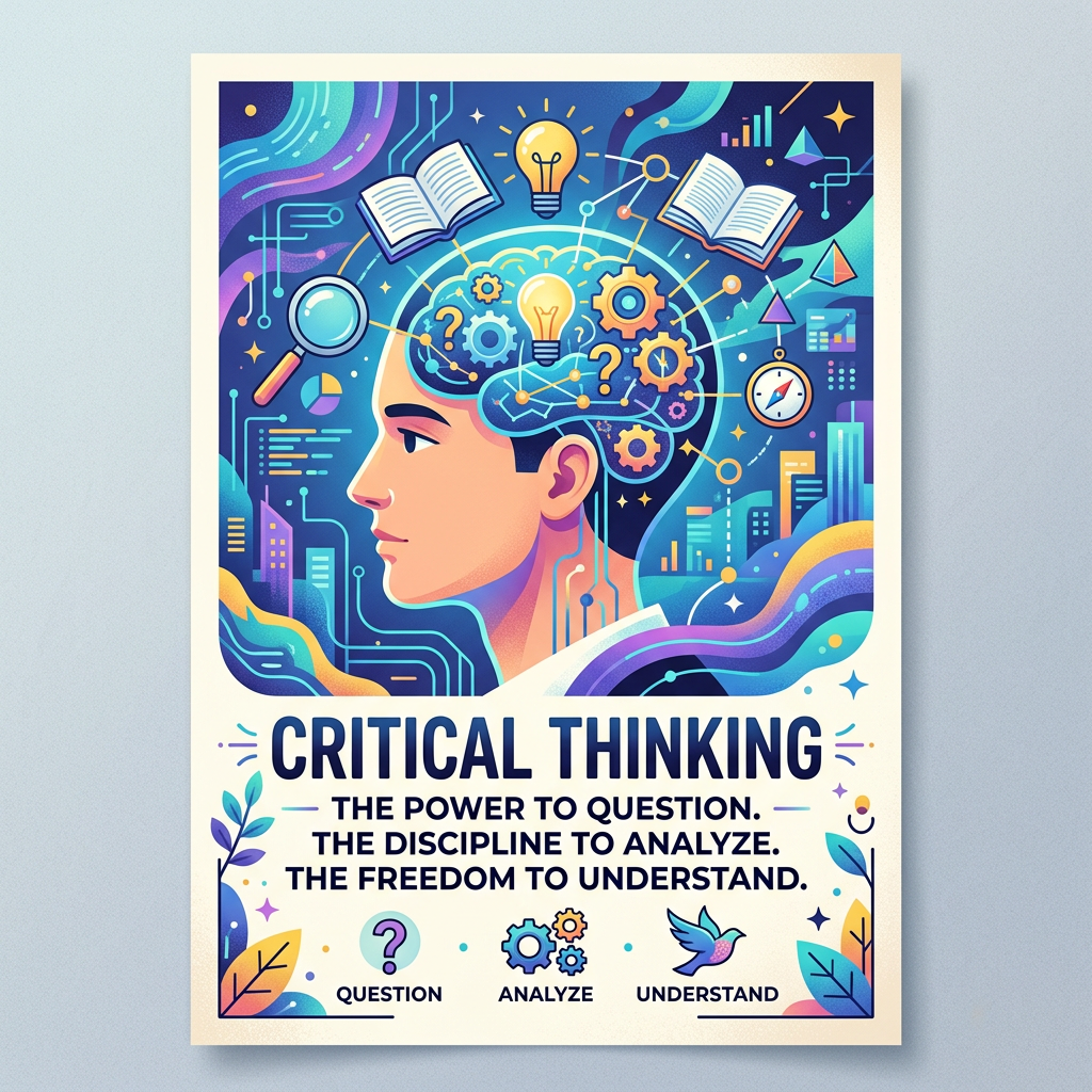 Profile of a person with brain icons showing lightbulbs, gears, question marks, and books symbolizing critical thinking.