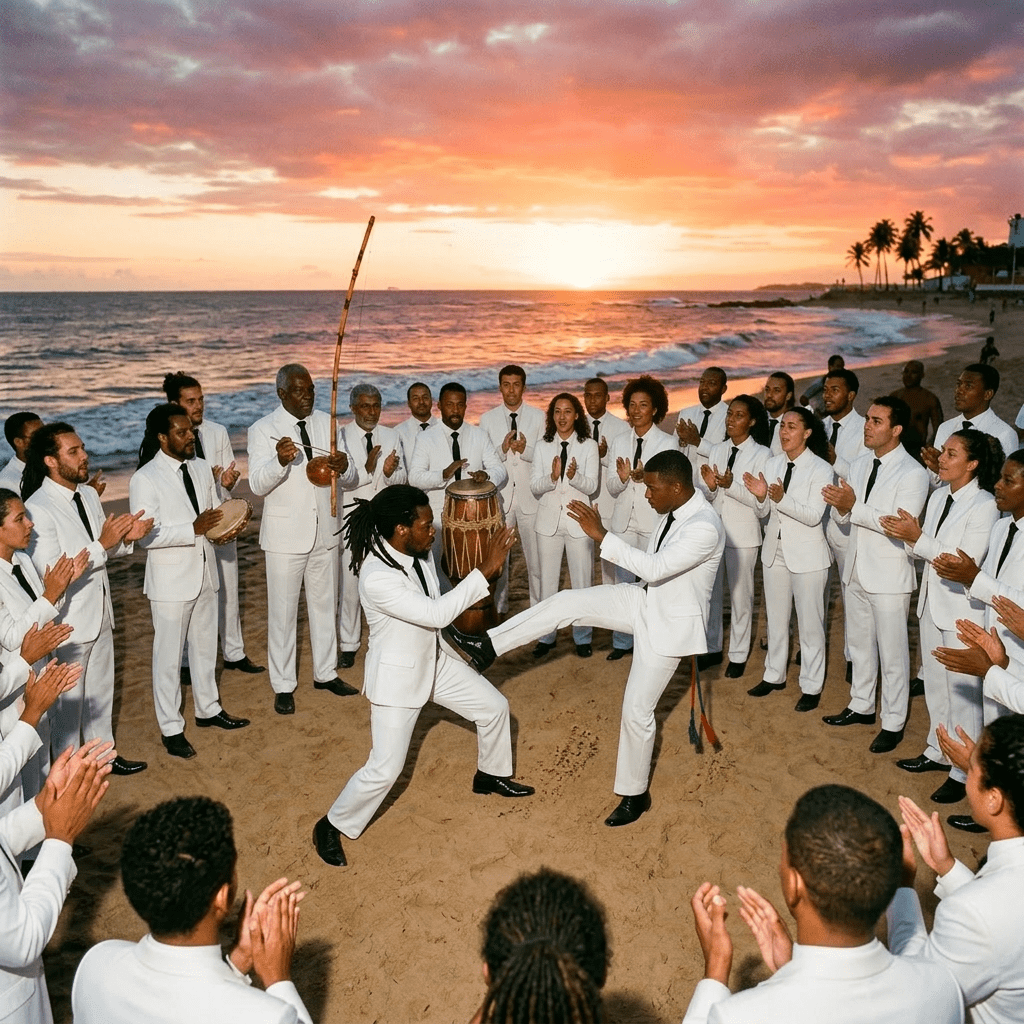 Group of people performing capoeira circle on sandy beach at sunset