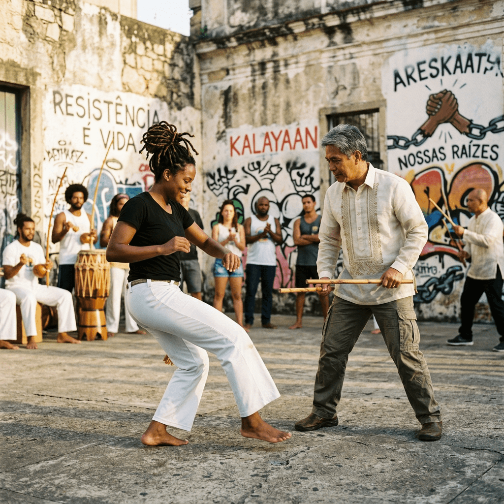Two people practicing capoeira with sticks while others play musical instruments and watch