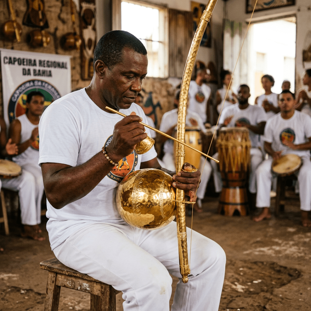 Man playing a golden berimbau with musicians in the background