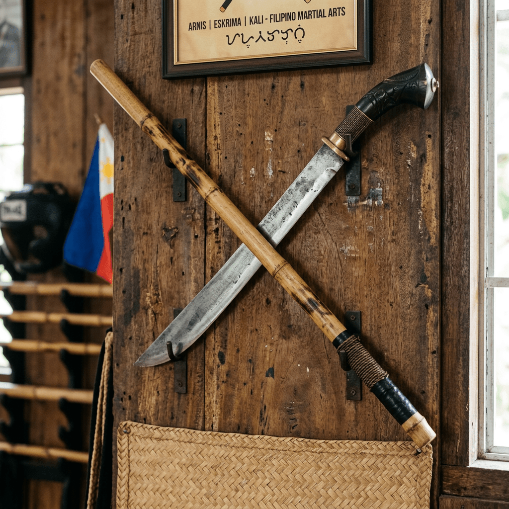 Crossed Filipino sword and bamboo stick on wooden wall with martial arts poster