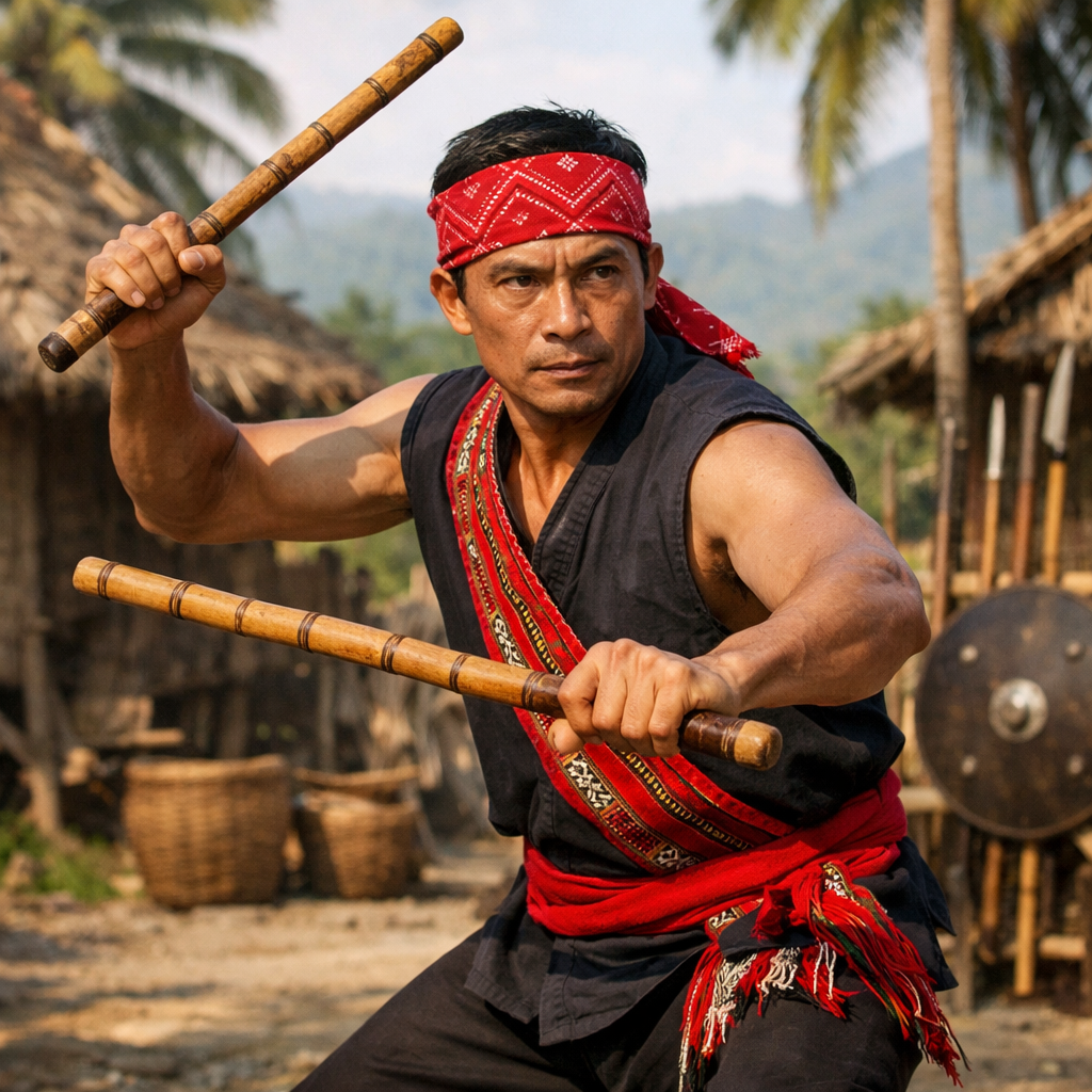 Man in traditional attire holding wooden sticks in fighting stance outdoors