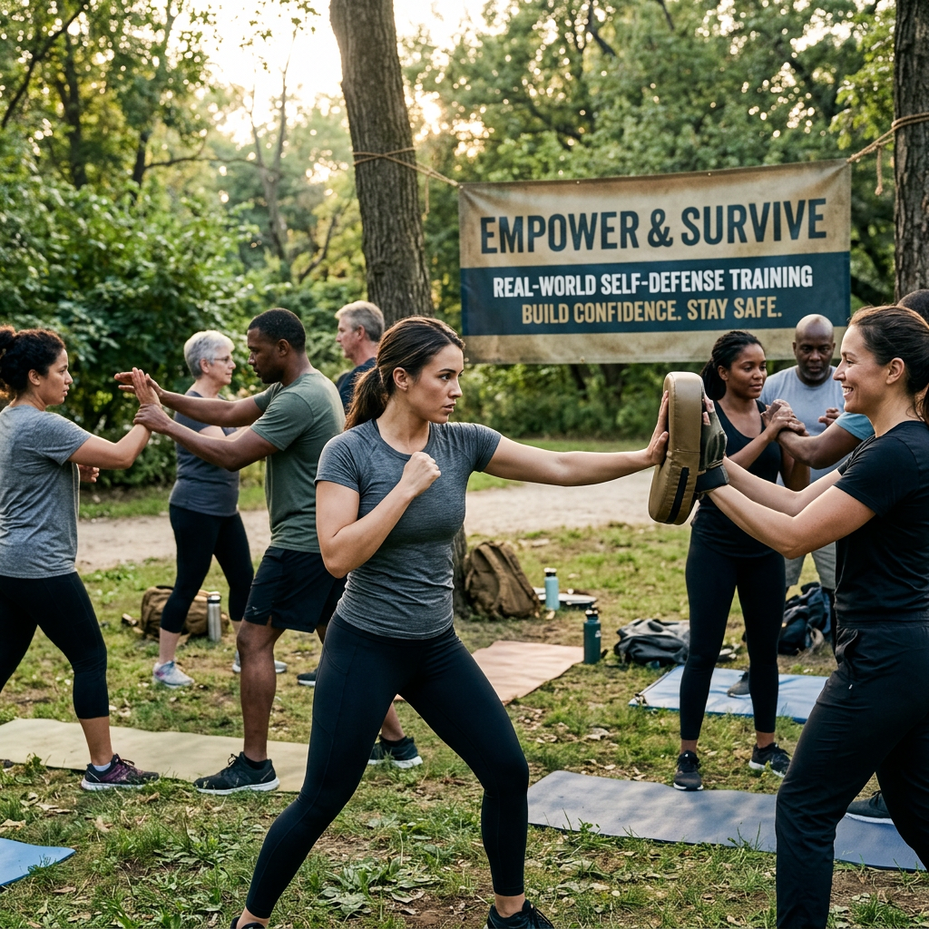 People practicing self-defense techniques outdoors with training pads