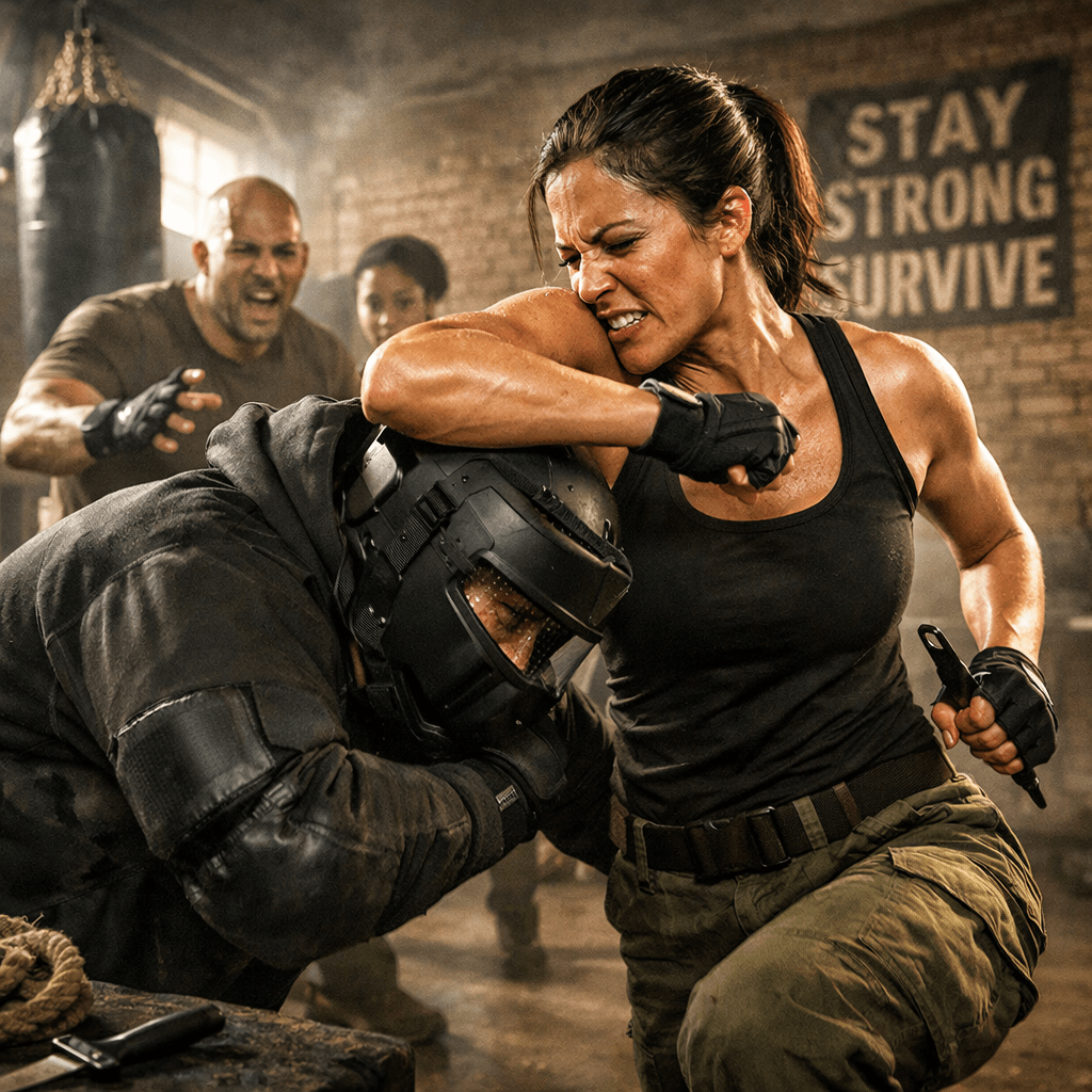 Woman delivering elbow strike to helmeted man in self-defense training