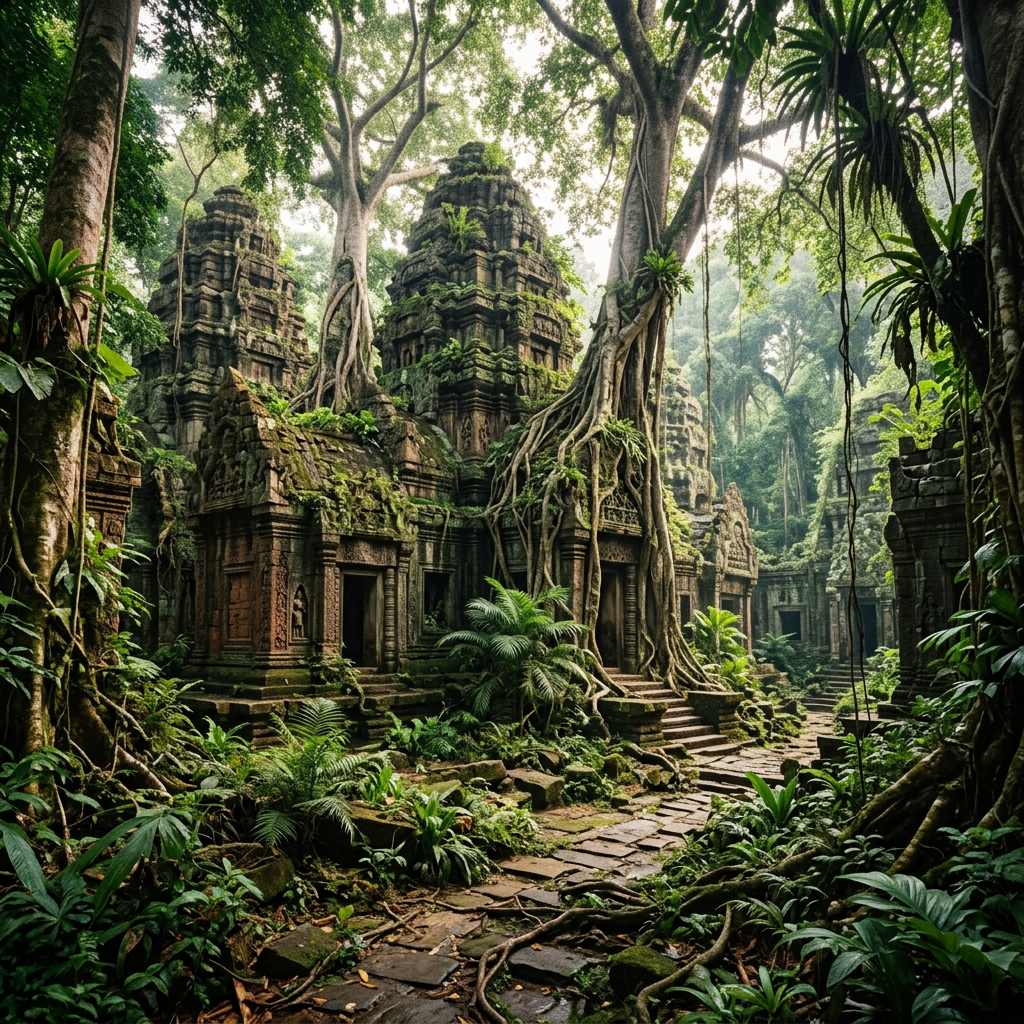 Ancient stone temple ruins surrounded by dense green jungle with large tree roots covering structures