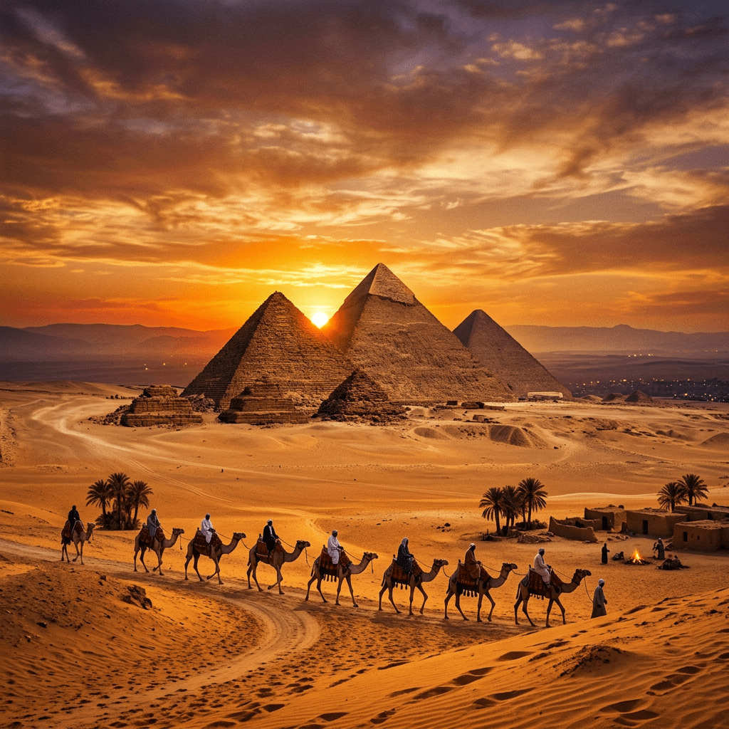 Caravan of camels with riders passing by the Pyramids of Giza at sunset