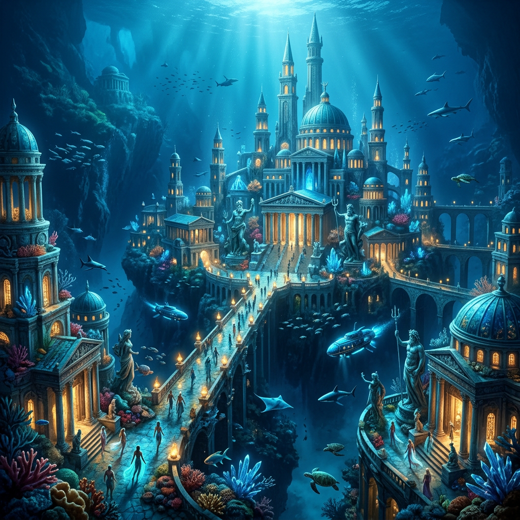 Underwater ancient city with illuminated classical buildings, statues, bridges, fish, sharks, and sea turtles