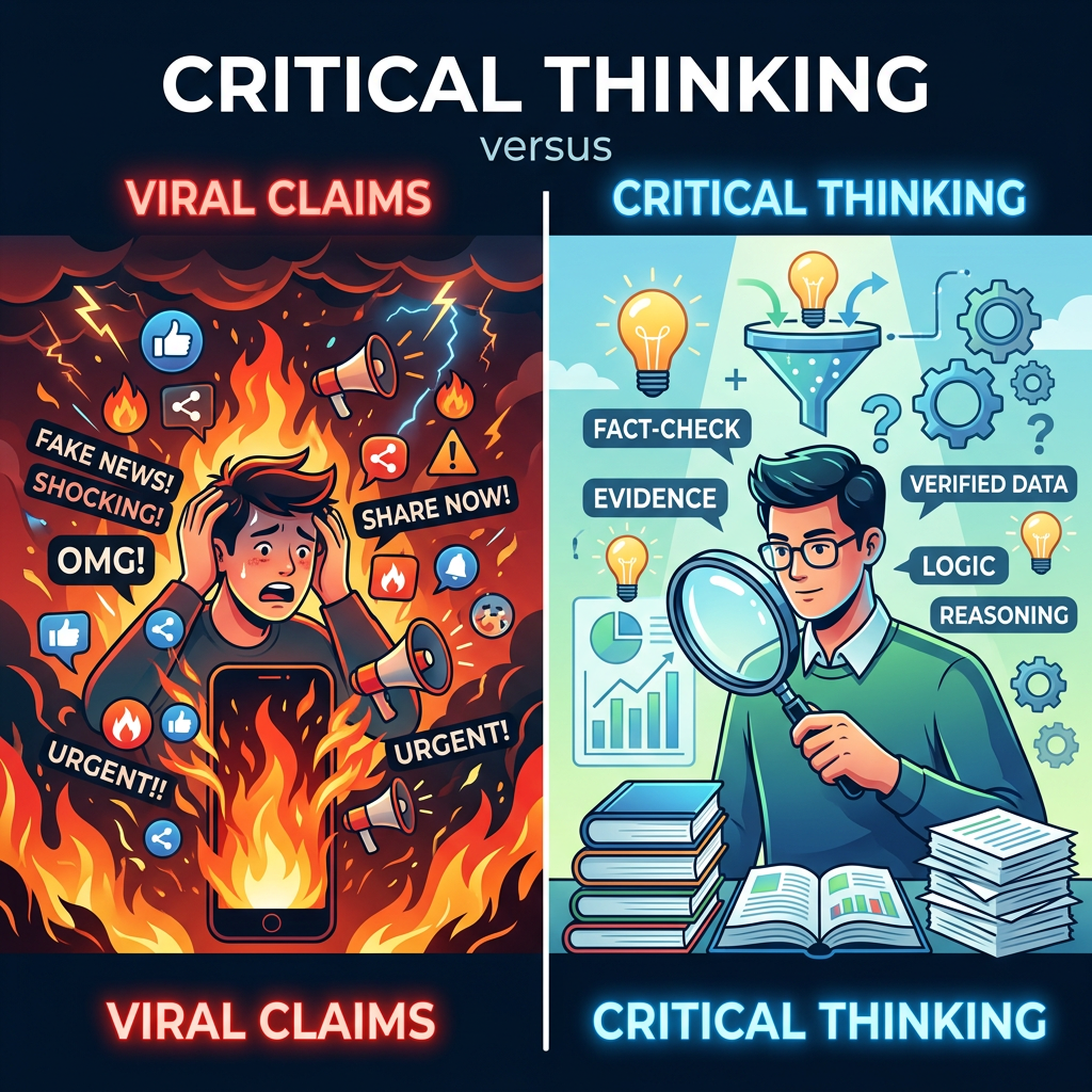 Split image showing stressed person surrounded by viral claim symbols on left, and calm individual analyzing data with critical thinking on right