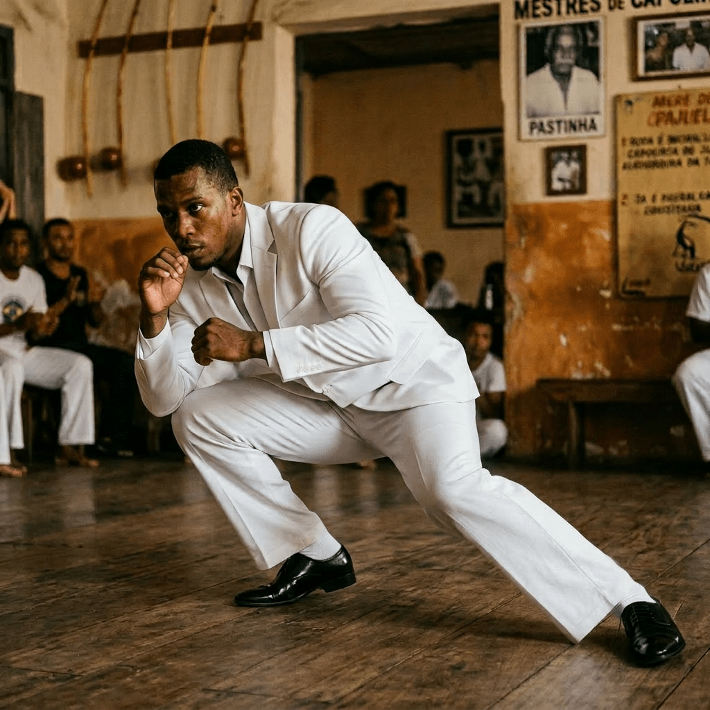 White suit, white socks, black shoes, no cordao