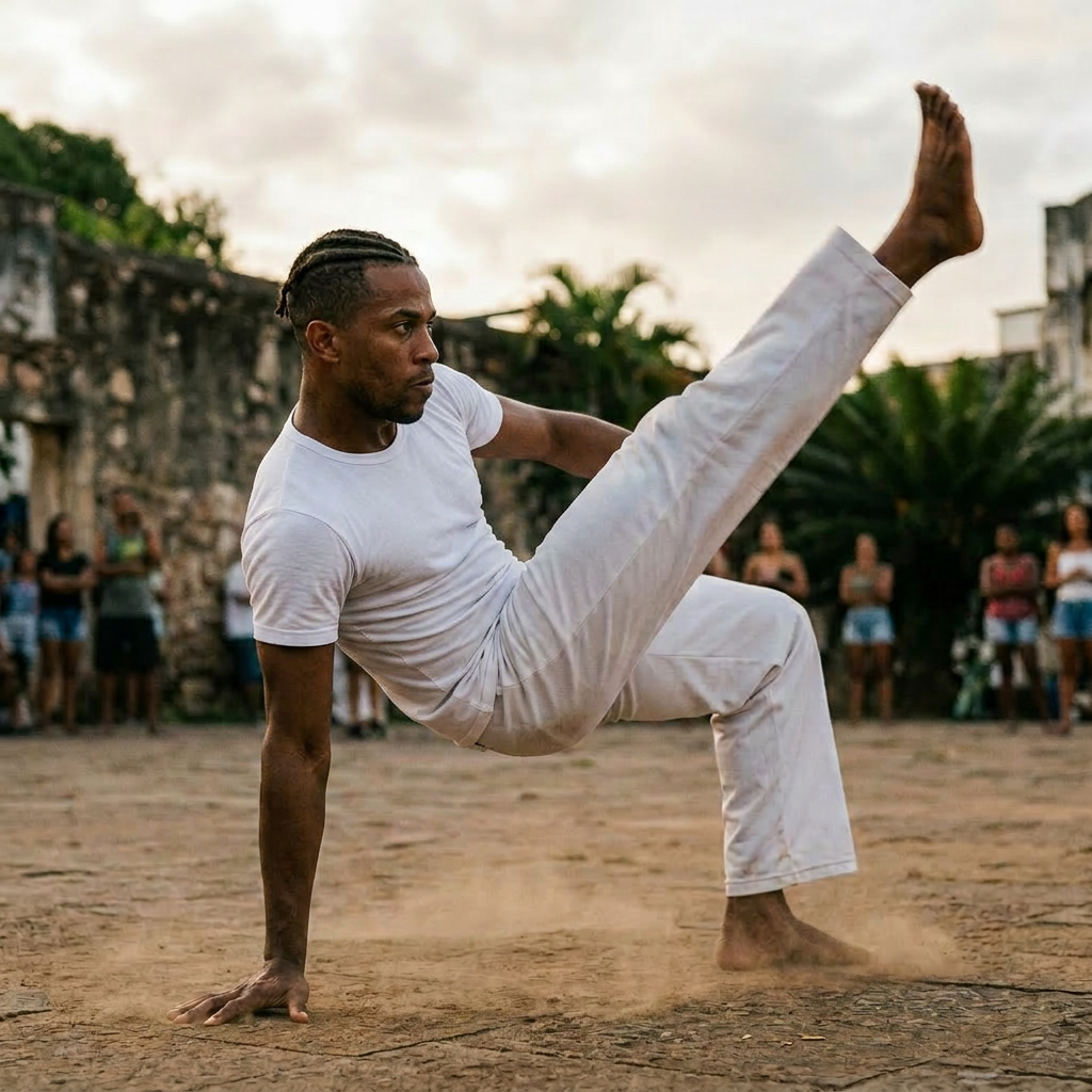 Capoeirista wearing white suit and dress pants