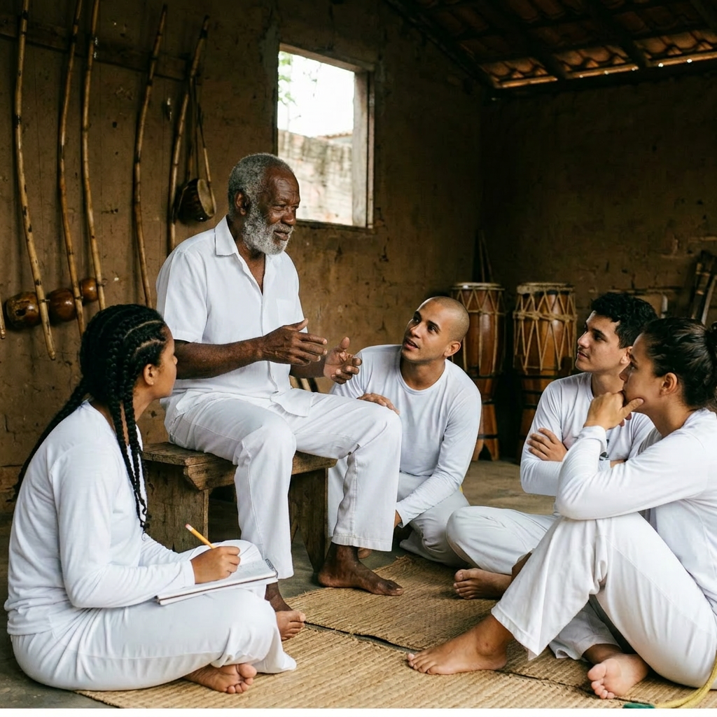 Elderly man speaking to young adults seated on floor, one taking notes