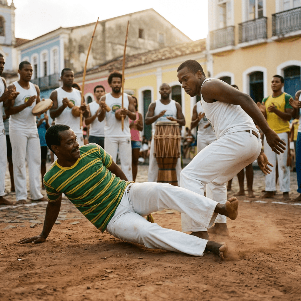Two men practicing capoeira with onlookers playing instruments and clapping