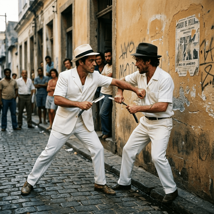 Two men fighting with straight razors on a cobblestone street with spectators