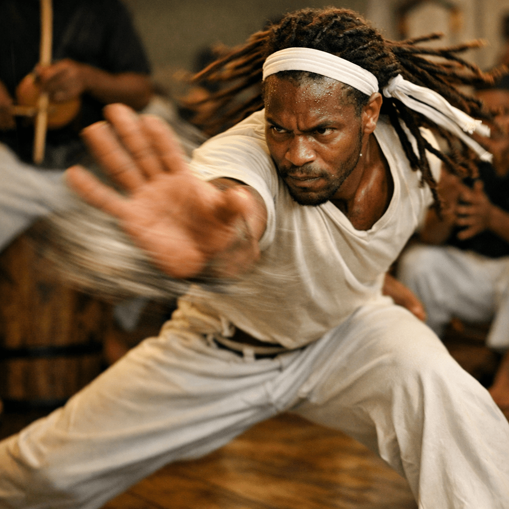 Person in white clothing performing a capoeira movement with outstretched hand