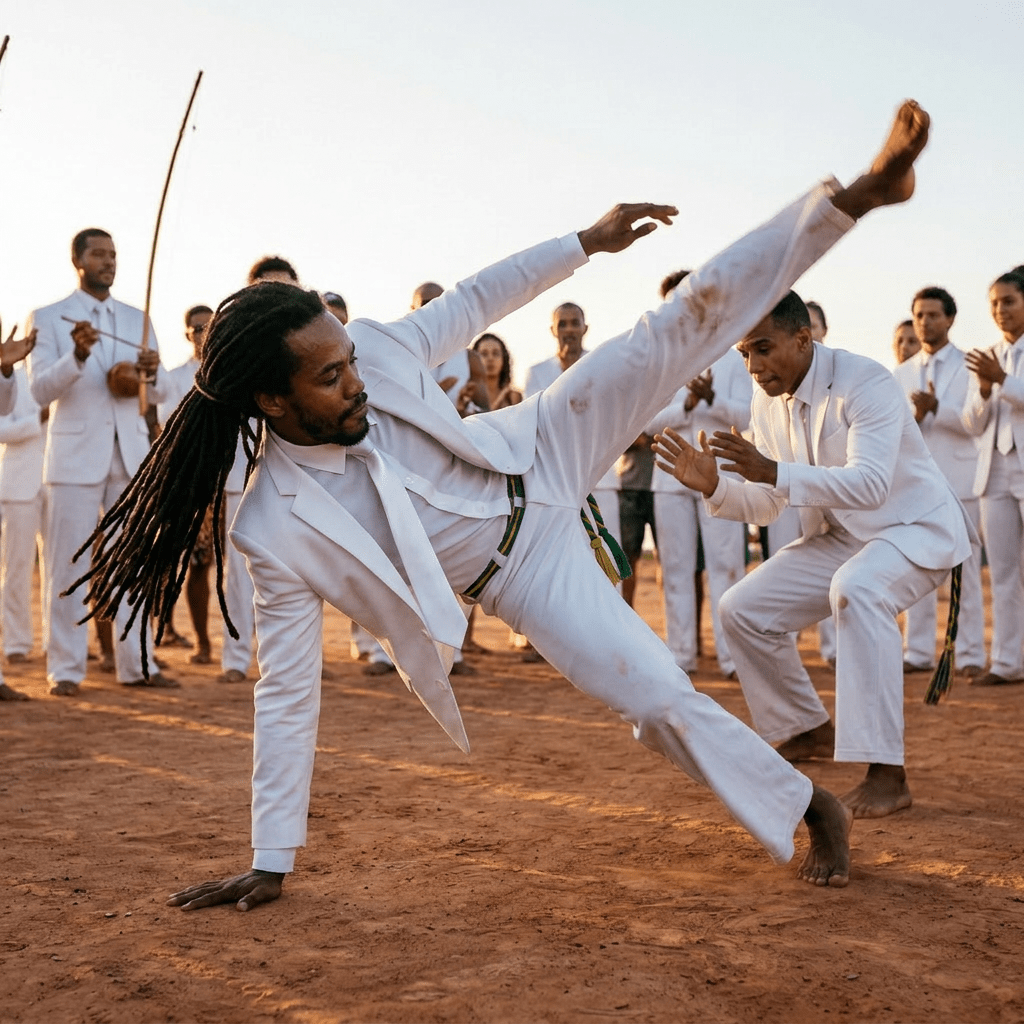 Two men practicing capoeira martial art while surrounded by clapping onlookers outdoors