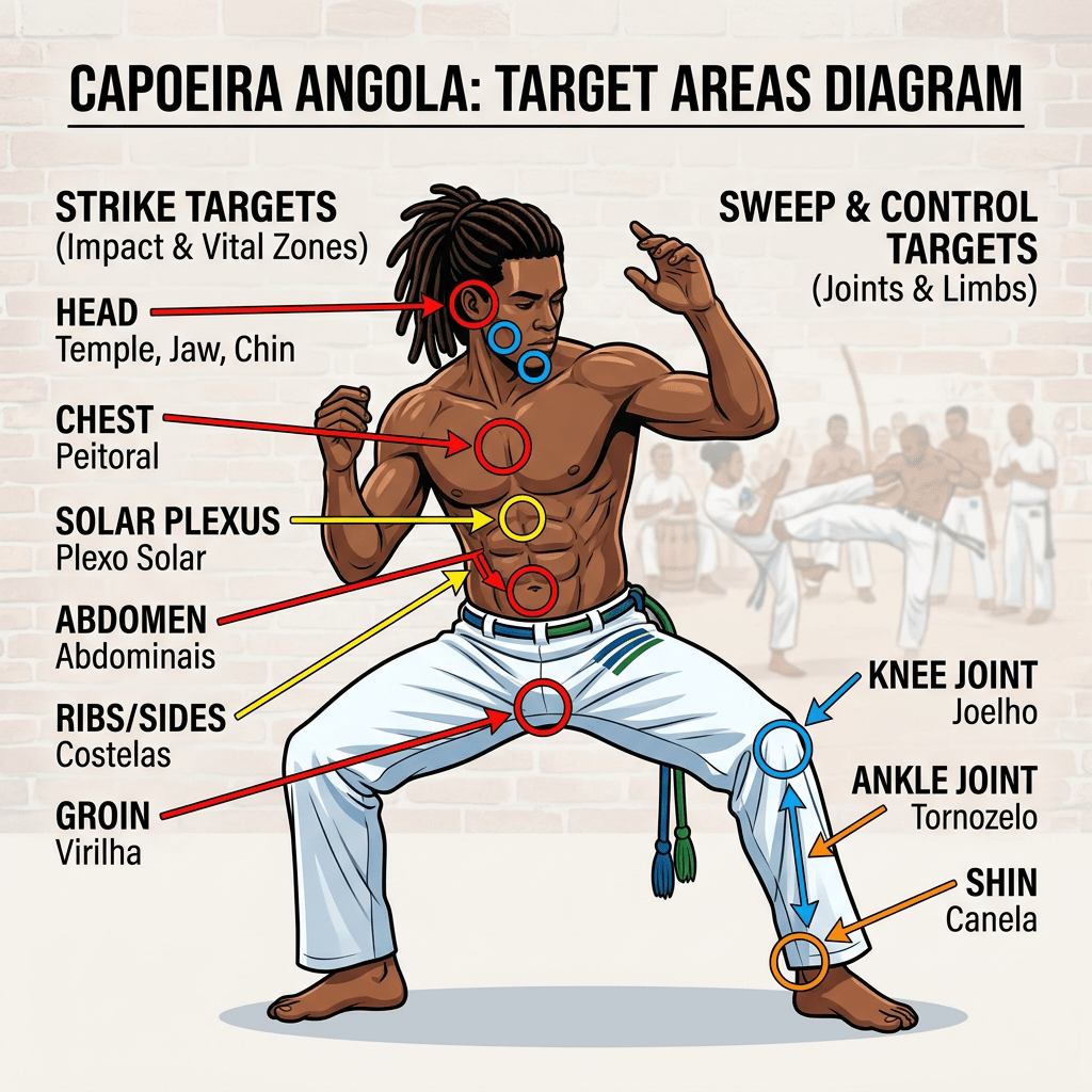 Diagram of Capoeira Angola target areas including head, chest, solar plexus, abdomen, ribs, groin, knee, ankle, and shin.