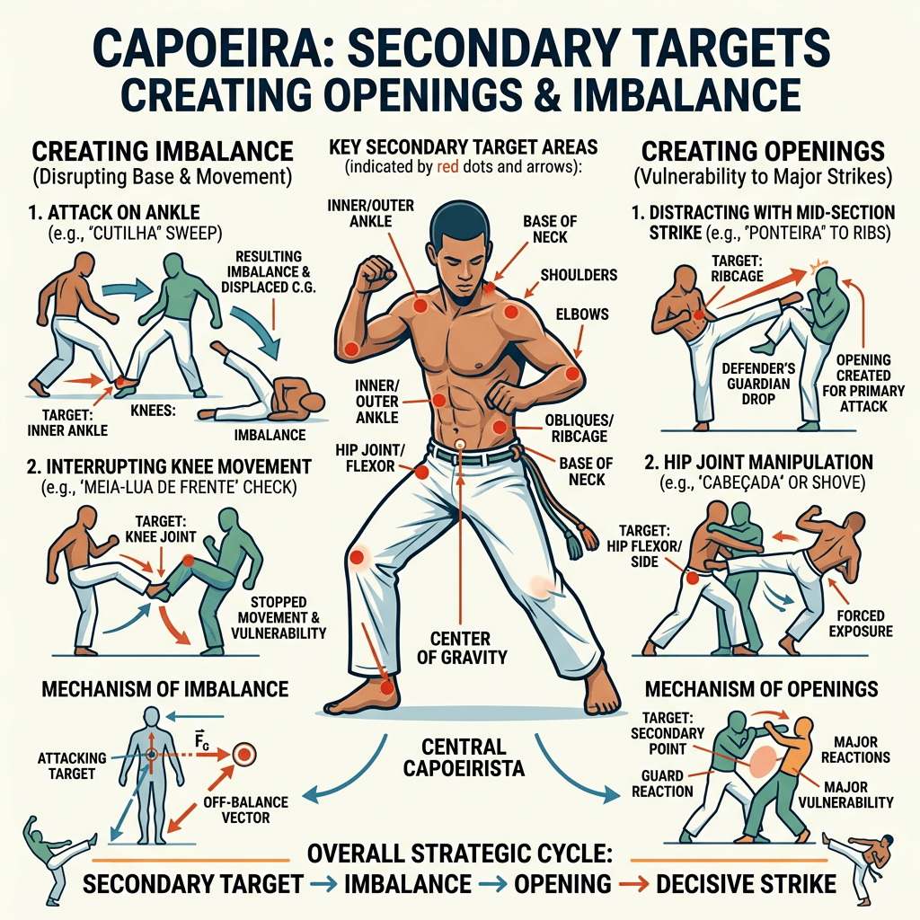Capoeira moves targeting ankles, knees, hips, ribs to create imbalance and openings for strikes