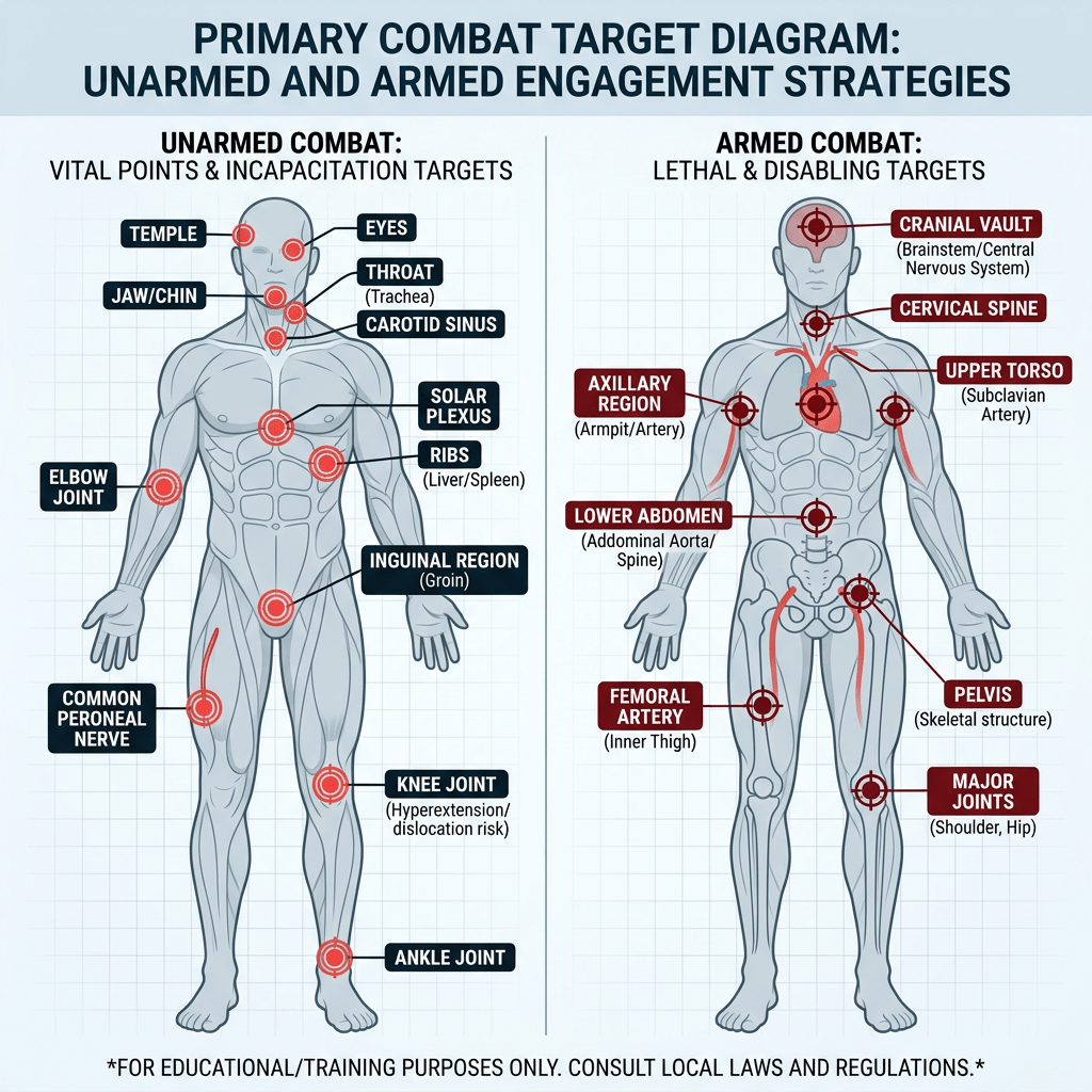 Diagram showing vital points for unarmed combat and lethal targets for armed combat on the human body