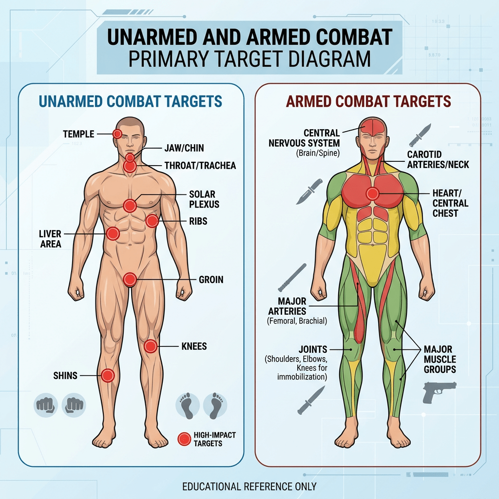 Diagram of human body highlighting key unarmed and armed combat target areas