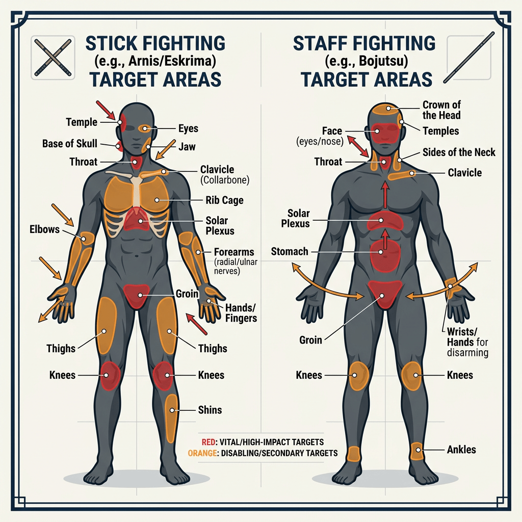 Stick and staff fighting anatomical target areas