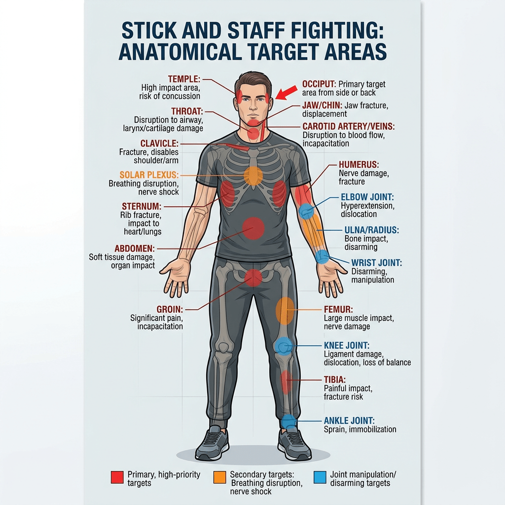 Stick and staff fighting anatomical target areas diagram