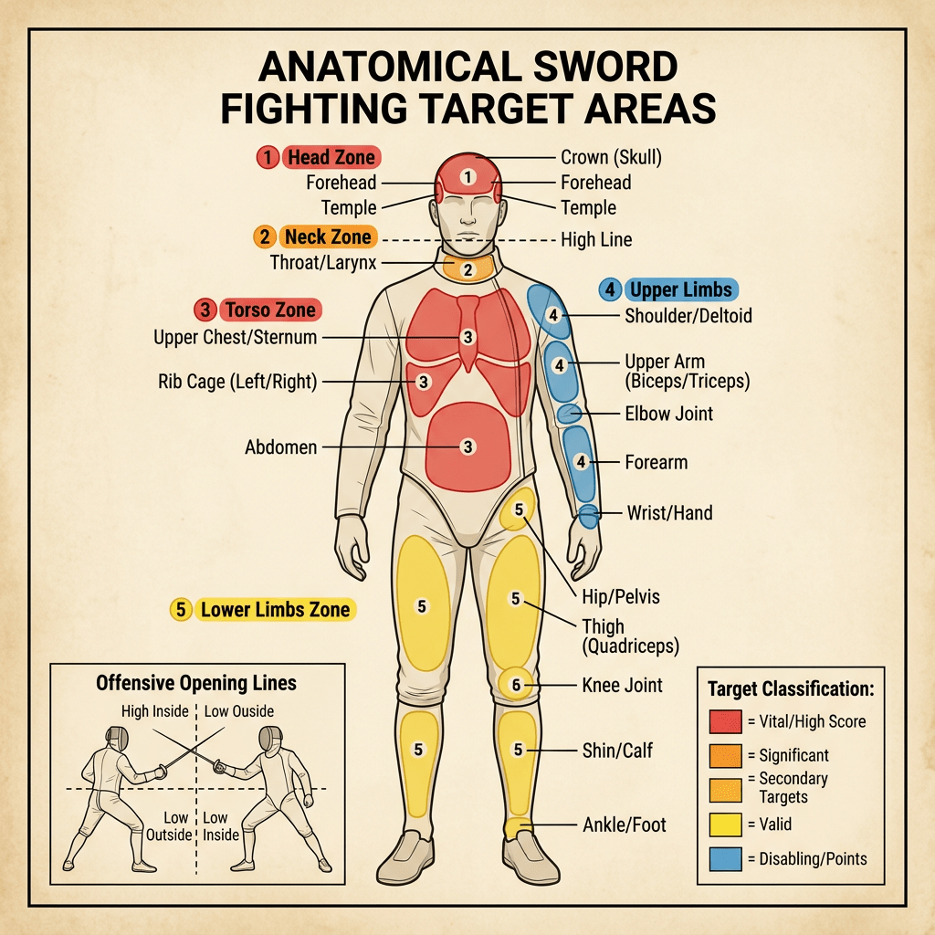 Diagram illustrating anatomical sword fighting target areas on a human body with color-coded zones for head, neck, torso, upper limbs, and lower limbs.