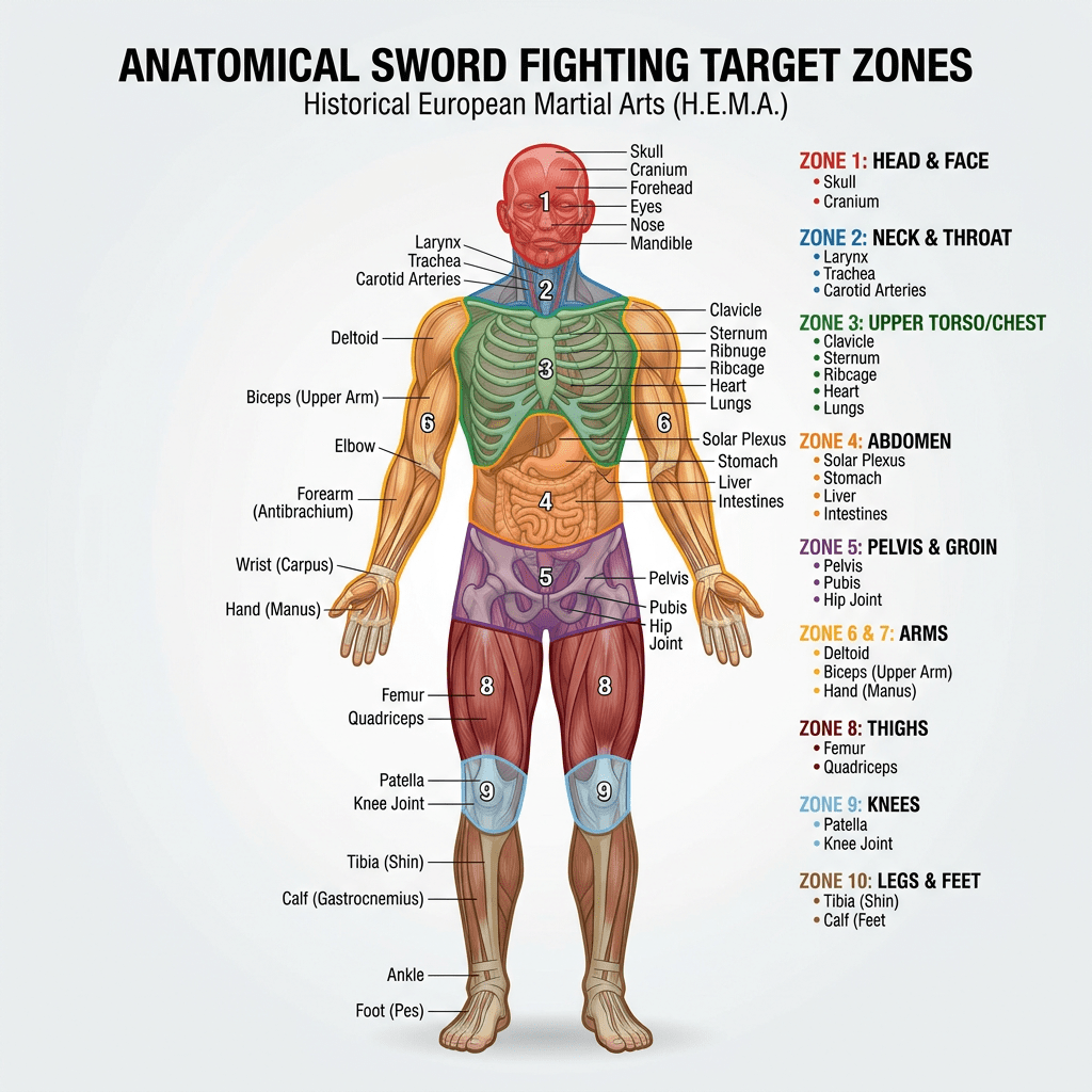 Anatomical sword fighting target zones for Historical European Martial Arts with labeled body parts and color-coded zones