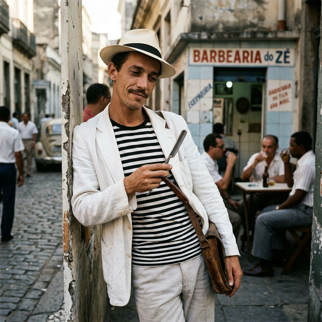 Man in white suit and hat holding straight razor outside a barber shop with customers inside