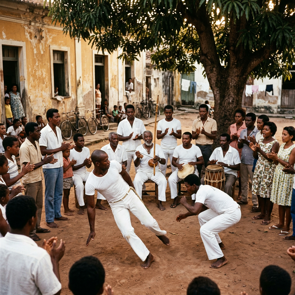 Group of people performing and watching a traditional capoeira dance outdoors