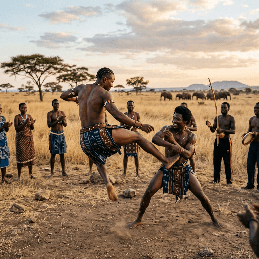 Two men dancing energetically in traditional attire surrounded by clapping and drumming participants in an African savannah with elephants in the background