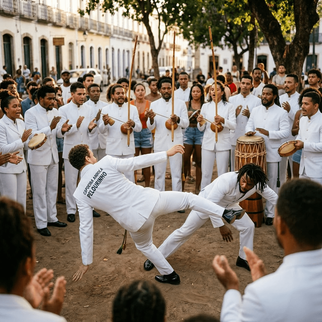 Two people performing capoeira movements while others play instruments and clap in a street setting