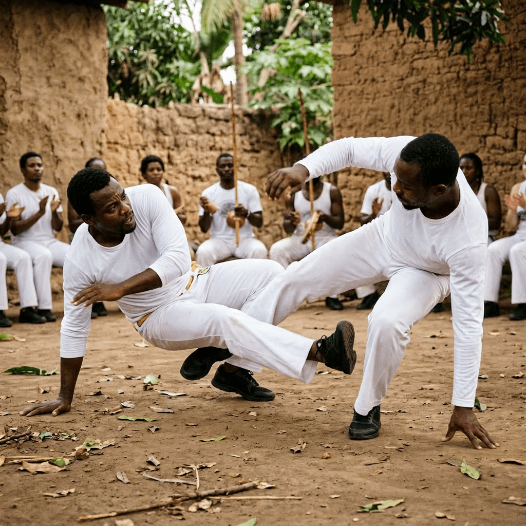 Two men practicing Capoeira, a Brazilian martial art, outdoors with an audience clapping