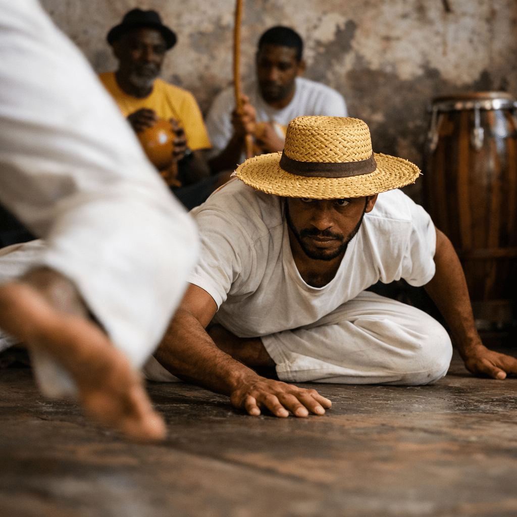 Man in straw hat crouching on the floor during capoeira practice with musicians behind