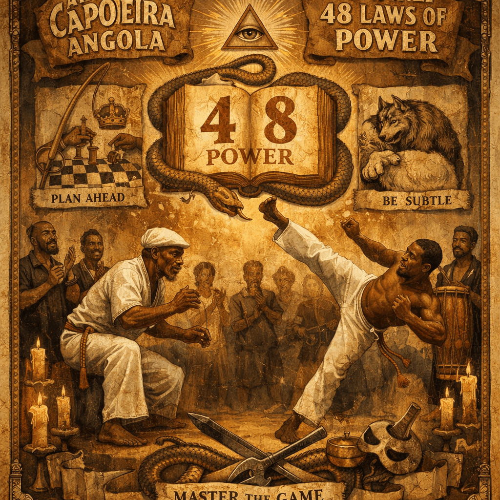 Two men practicing Capoeira Angola martial art with symbolic imagery including snakes, chessboard, wolf, and candles