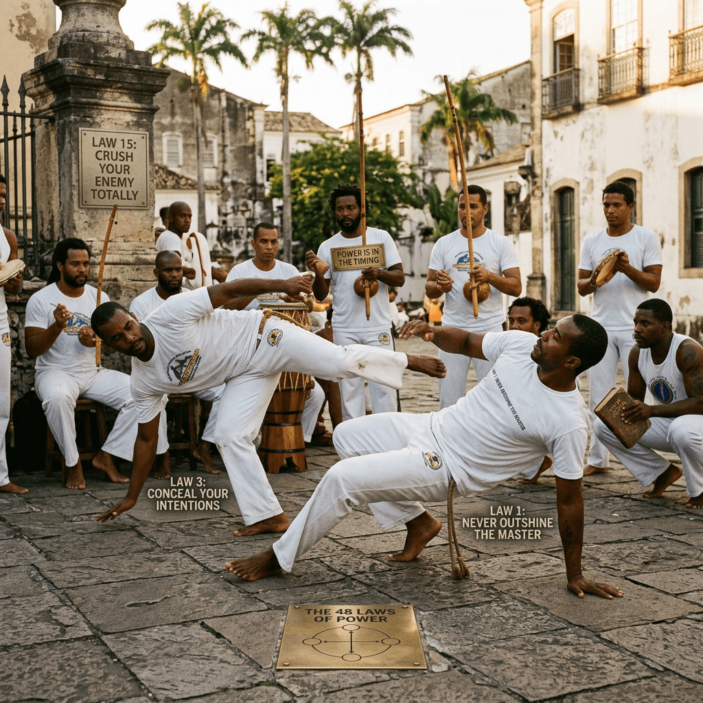 Group of men practicing Capoeira with signs showing laws of power