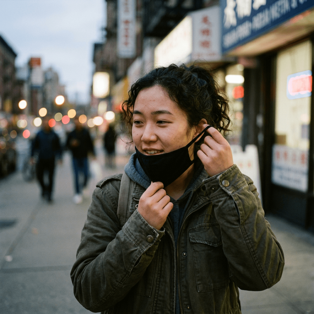 Young person pulling down black face mask on city street at dusk