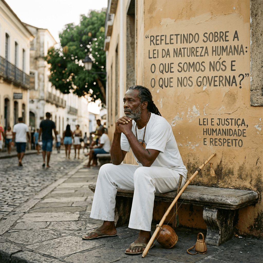 Man sitting on stone bench beside wall with Portuguese text about human nature and justice