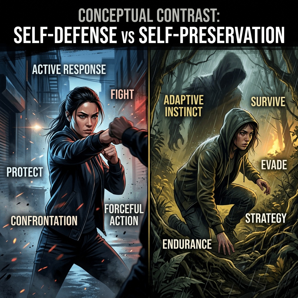 Split illustration contrasting self-defense with self-preservation concepts