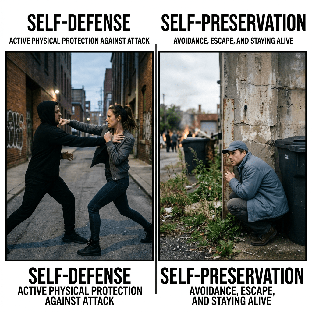 Side-by-side images showing a woman physically defending against an attacker and a man hiding to avoid danger