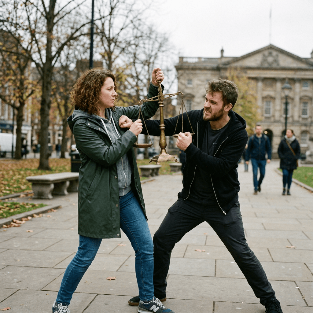 Man and woman pulling on opposite sides of a balance scale outdoors