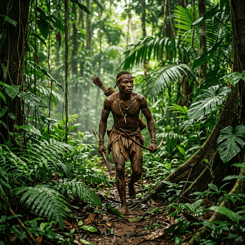 Bare-chested tribal man holding a spear and bow walking in dense tropical forest with green plants