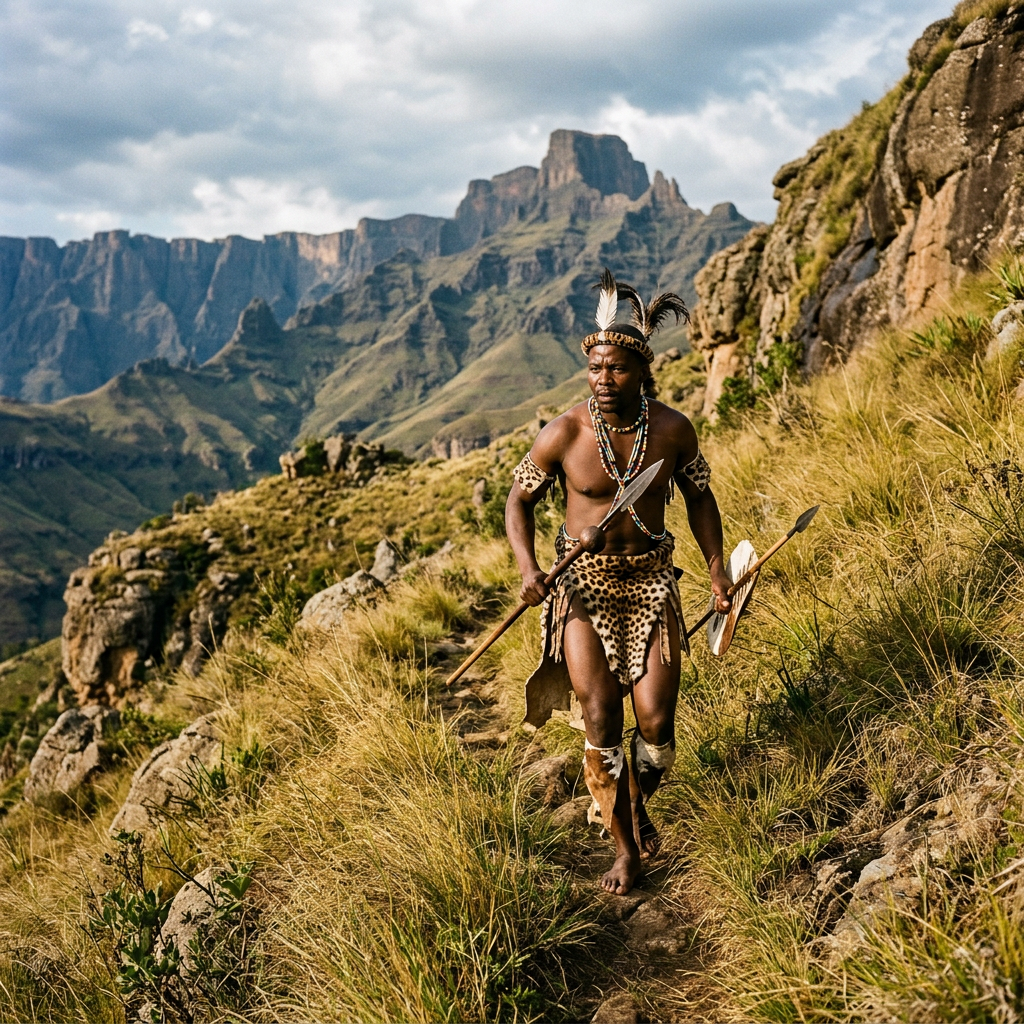 A man dressed in traditional tribal warrior attire walking on a mountain path with spears and shield.