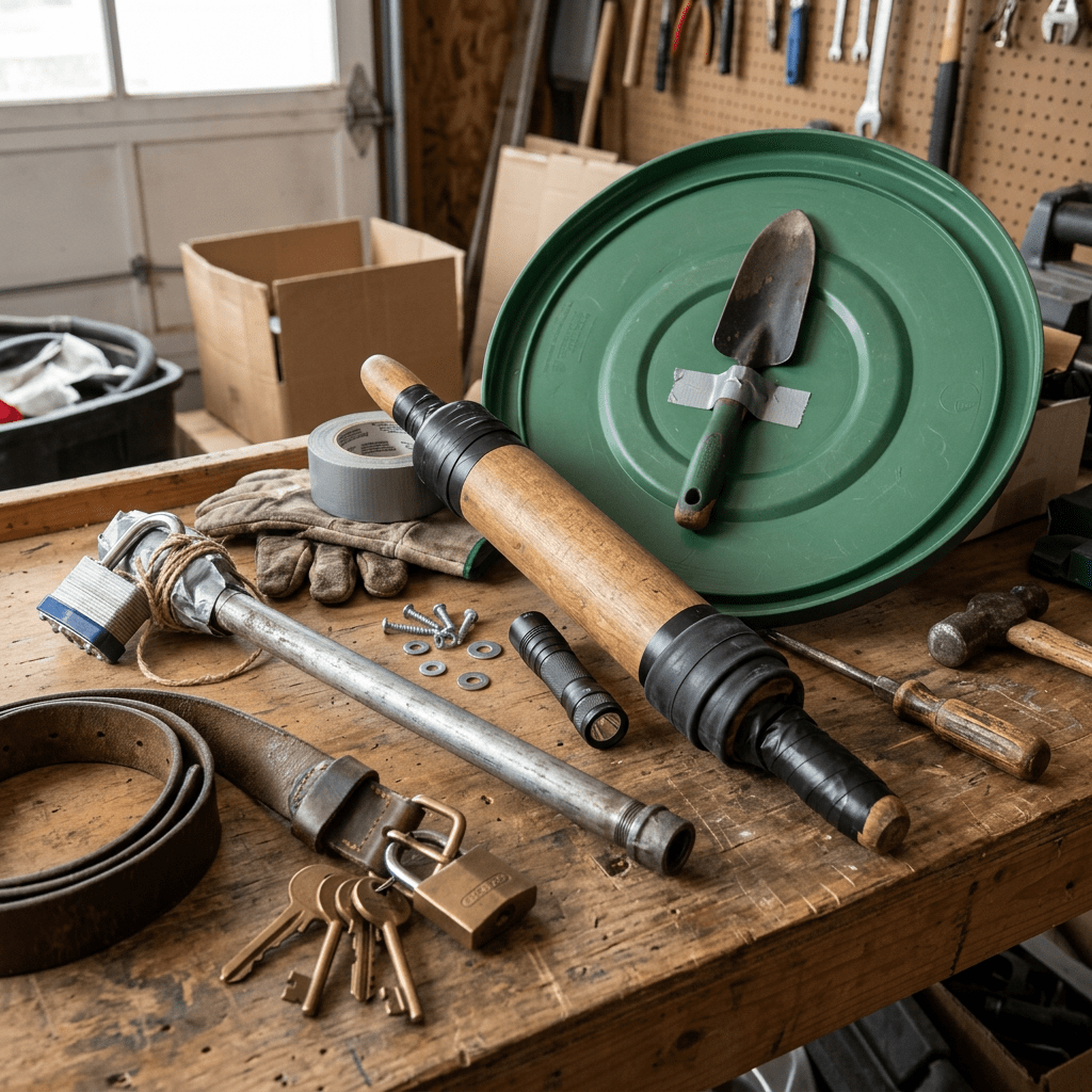 Everyday objects arranged as improvised weapons concept