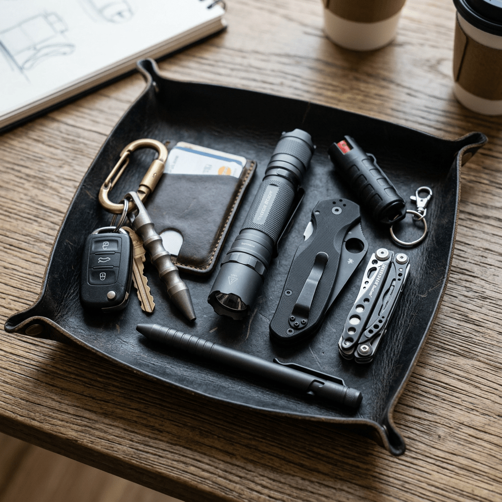Everyday carry items arranged for self-defense concept