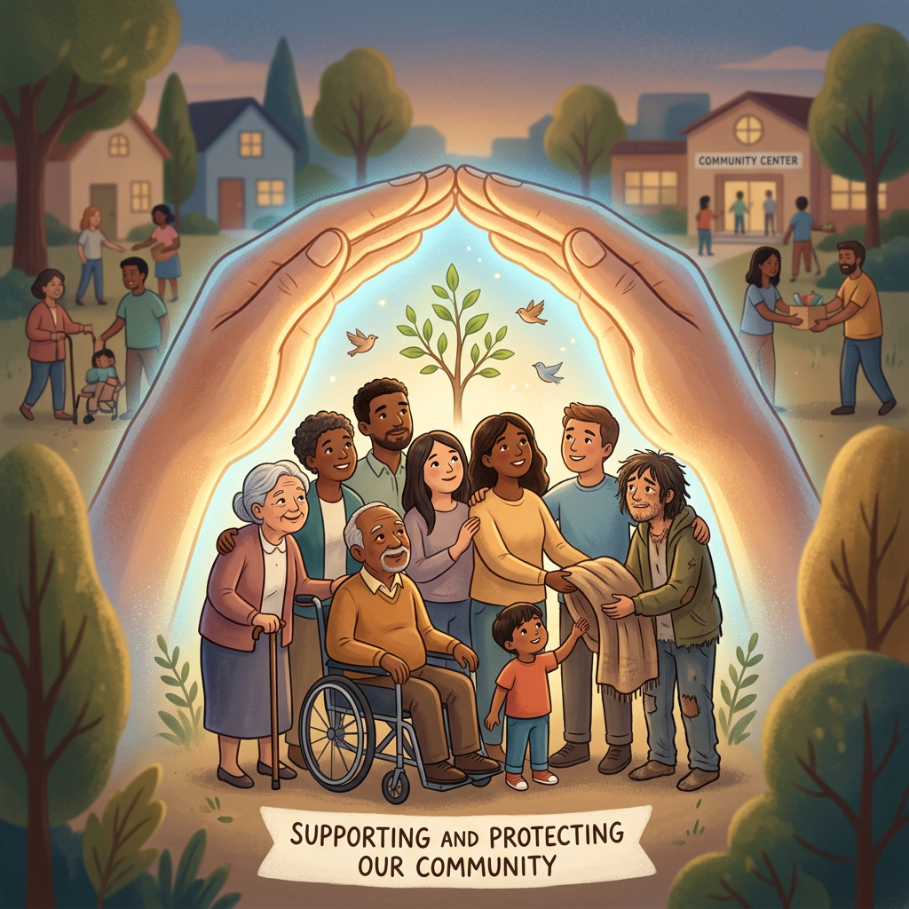 Diverse community members protected by large hands with a tree and birds in background