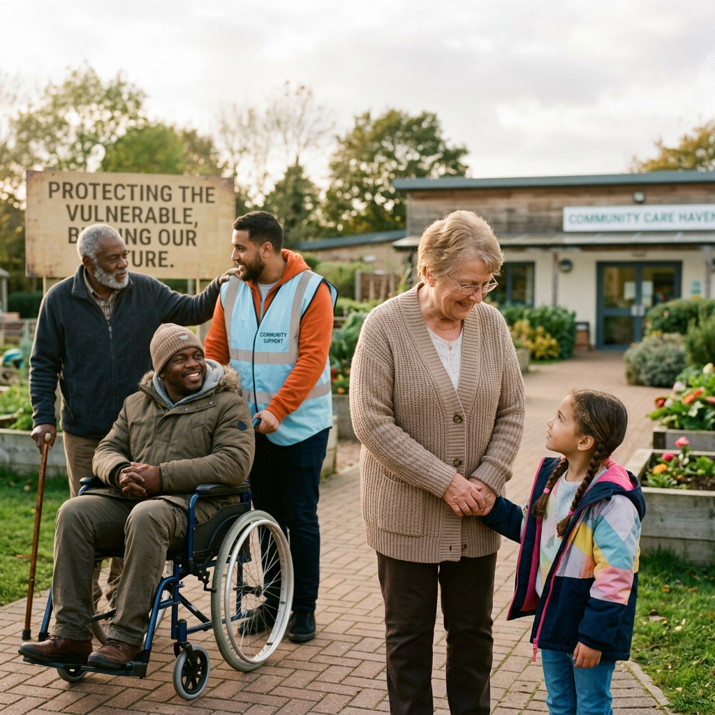 Diverse group at community care center with elderly, disabled man in wheelchair, volunteer, and child