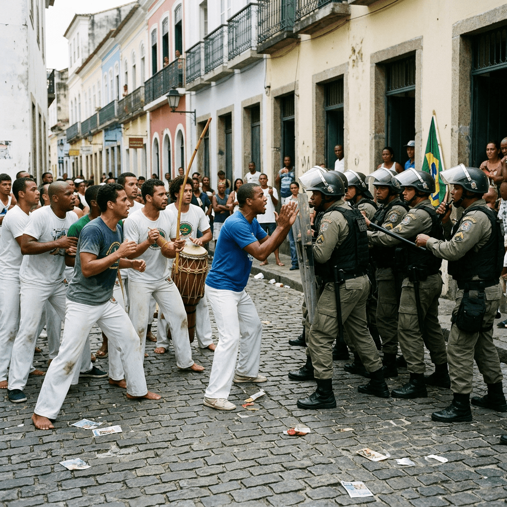 Capoeira participants in white pants engaging with riot police in helmets and shields on a city street