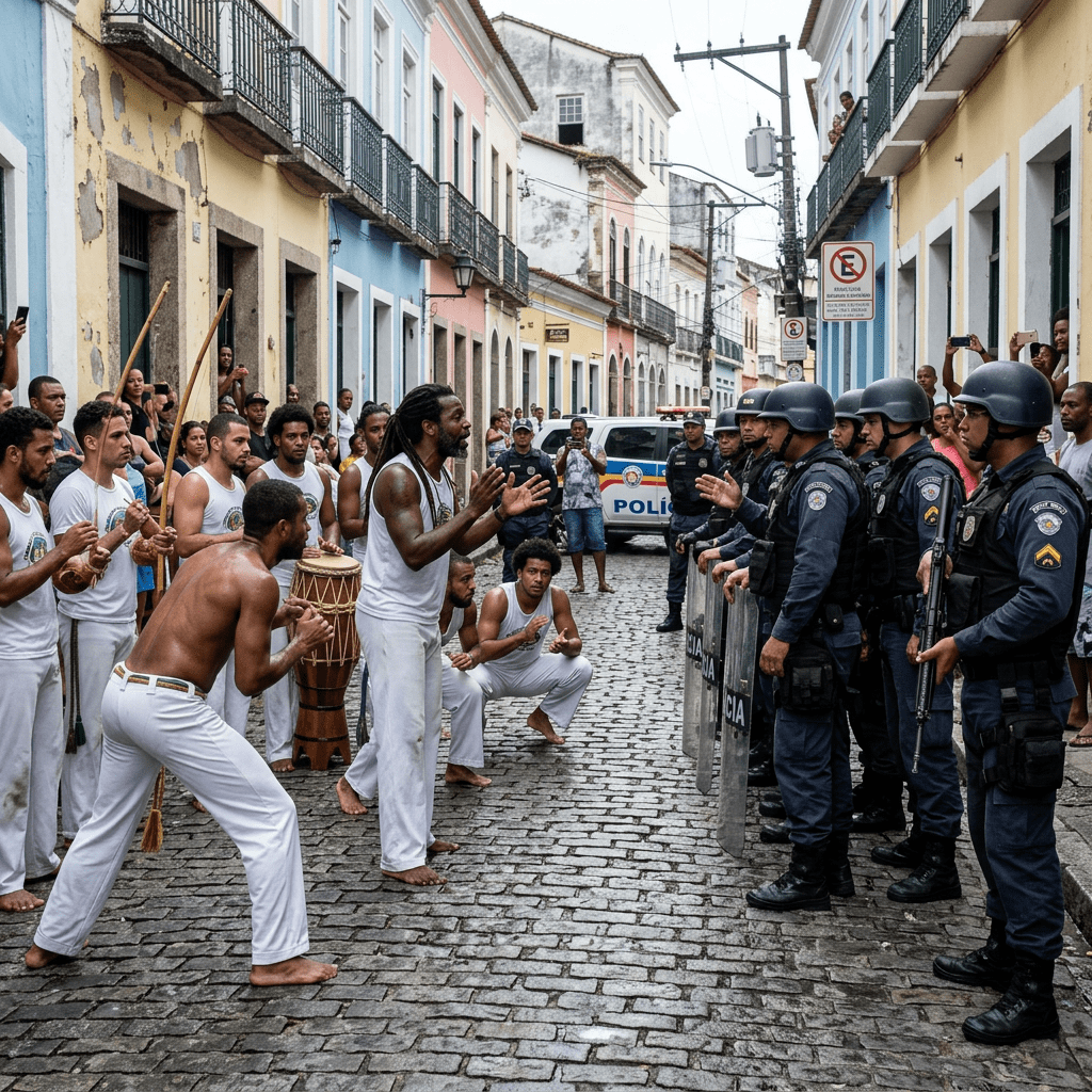 Group practicing capoeira with musical instruments opposite police officers with shields in a street