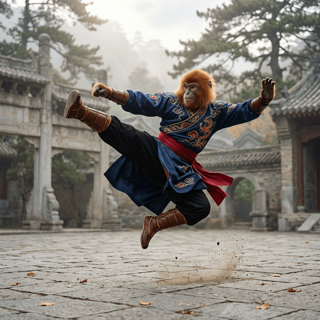 Monkey in blue and red martial arts costume performing flying kick in ancient courtyard