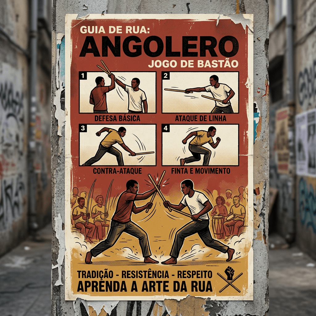 Diagram showing basic moves and techniques of Angolero stick fighting with two participants and drummers